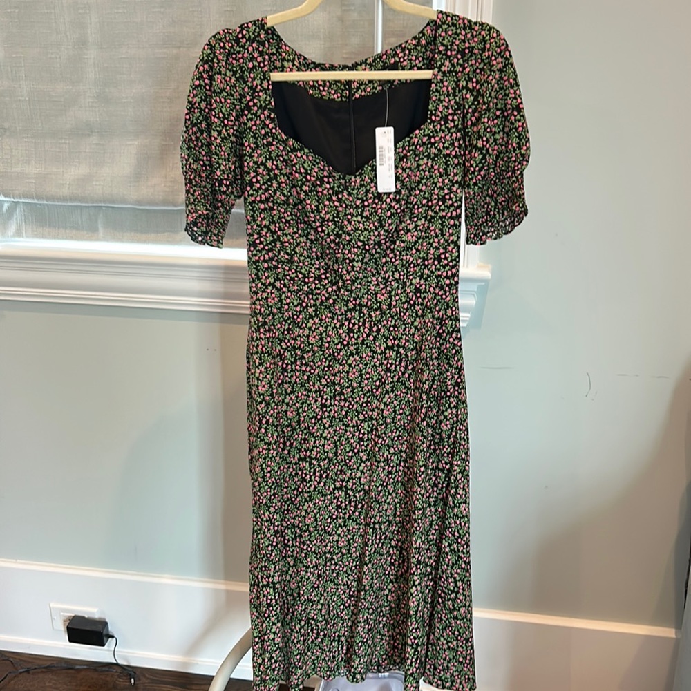 J. Crew short puffy sleeve midi dress with pink and green flowers on black